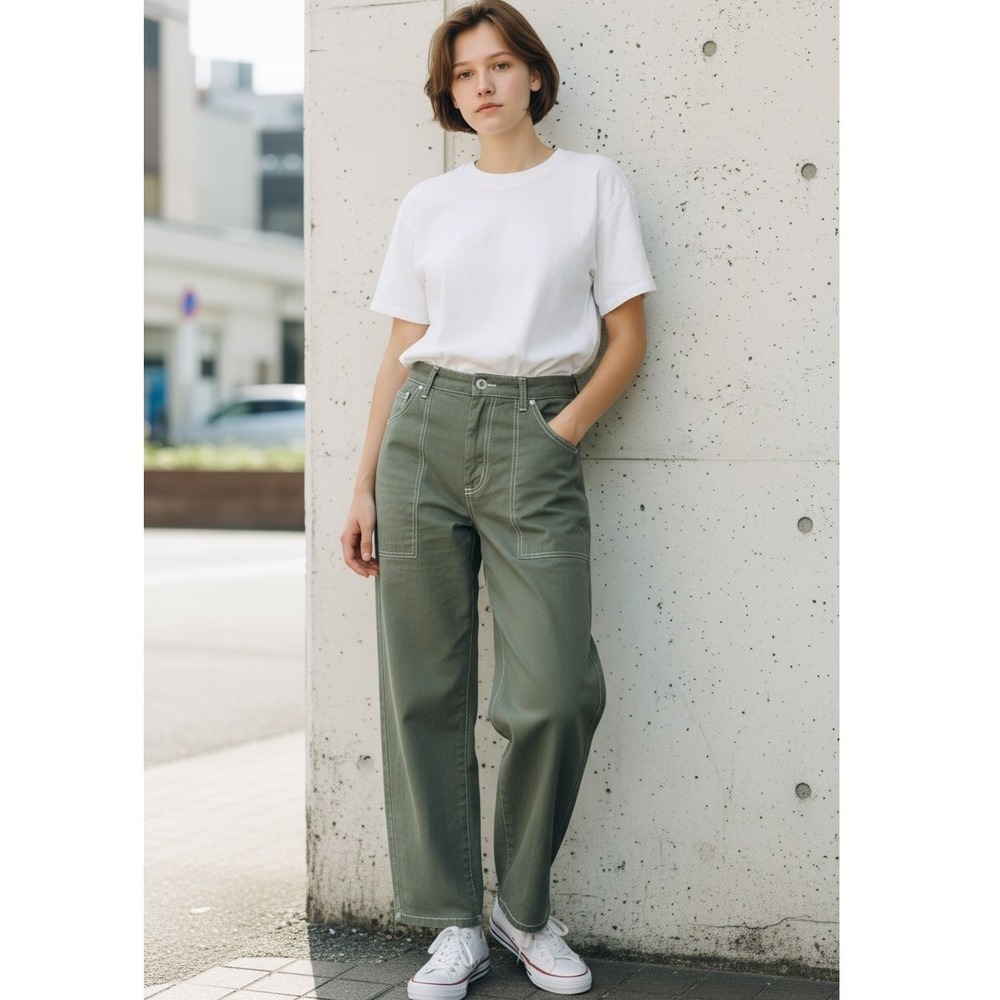 Frank & Eileen Limerick Wide Leg Carpenter Pants Sz4 Olive Green Contrast Stitch